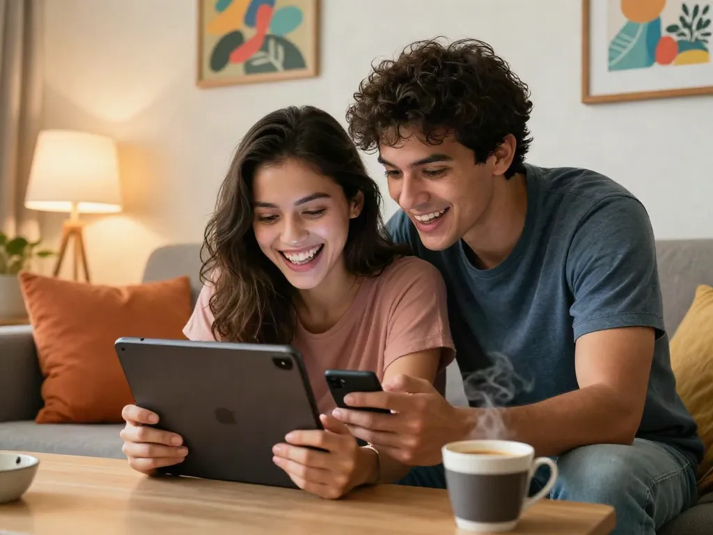 Young couple enjoying a spicy AI chat experience in a cozy home setting.