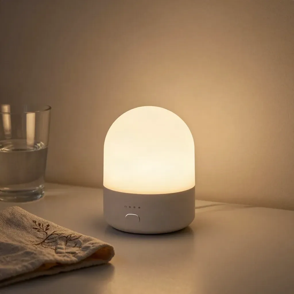 Rundes LED-Nachtlicht leuchtet neben Fliese, Glasbecher und Handtuch im Bad.