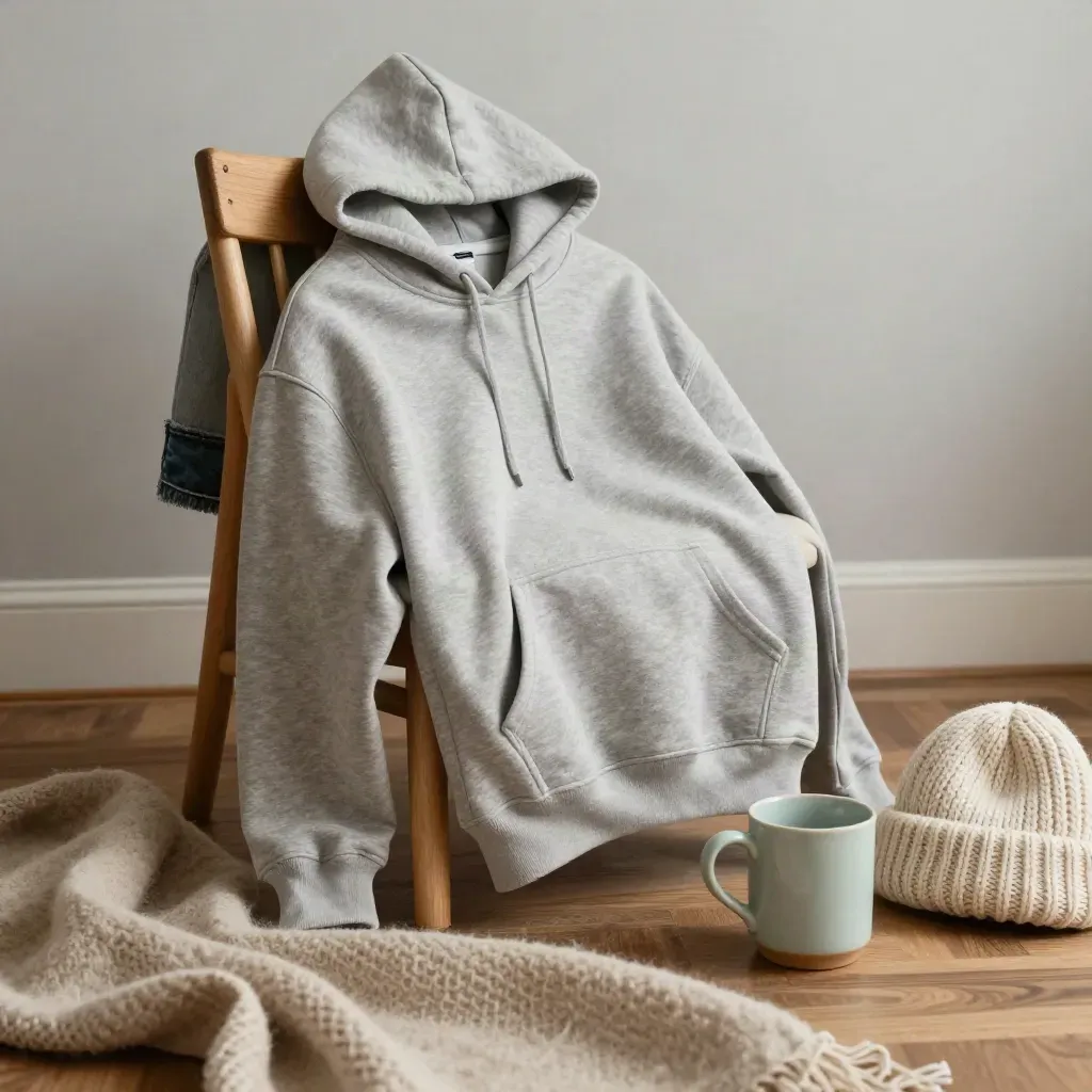 Greige Damen-Hoodie über Holzstuhl mit Tasse und Strickmütze in sanftem Morgenlicht