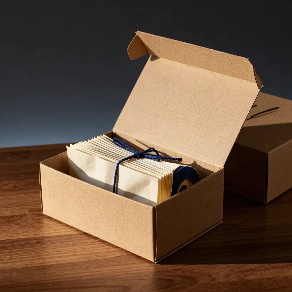 Offene Geschenkboxen aus Naturkarton mit Seidenpapier und Schnur auf dunklem Holz.