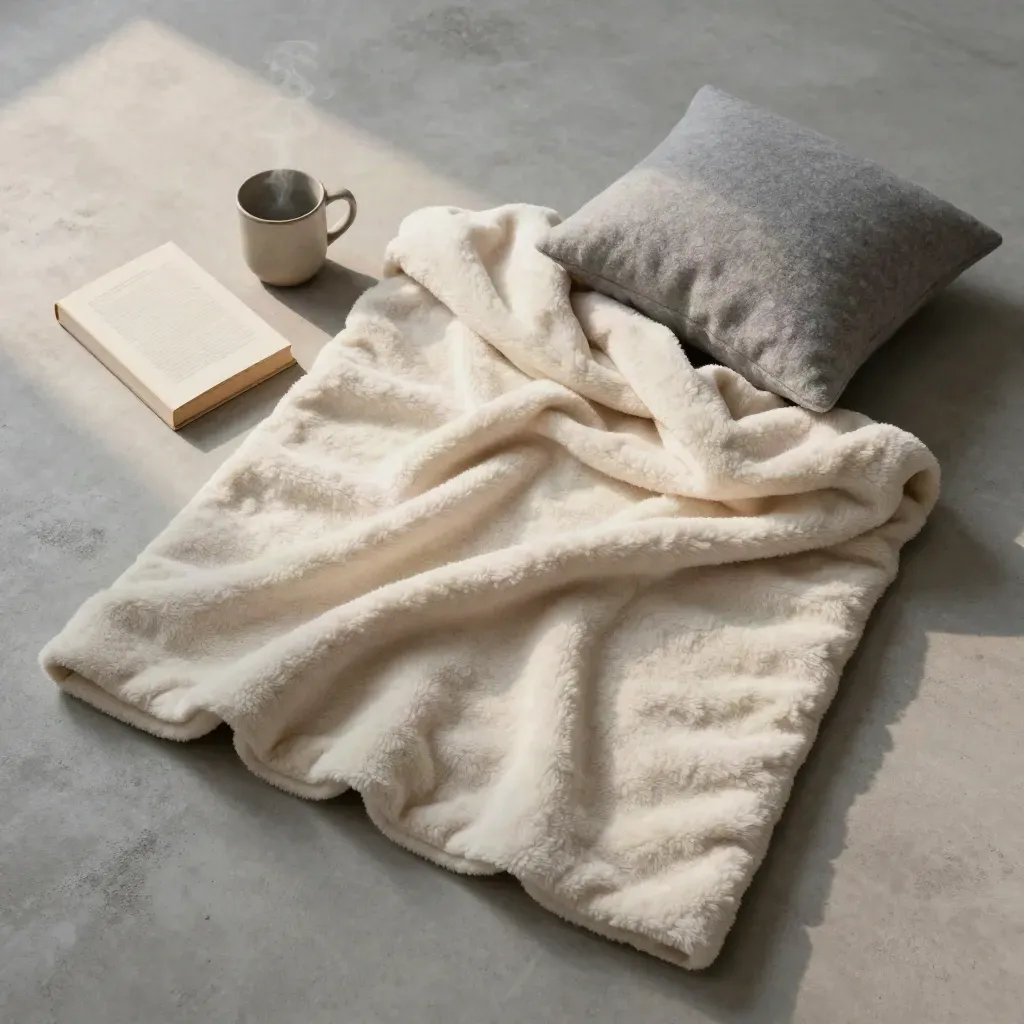 Cremefarbene Fleece-Decke mit Buch, Tasse und Wollkissen auf hellem Beton.