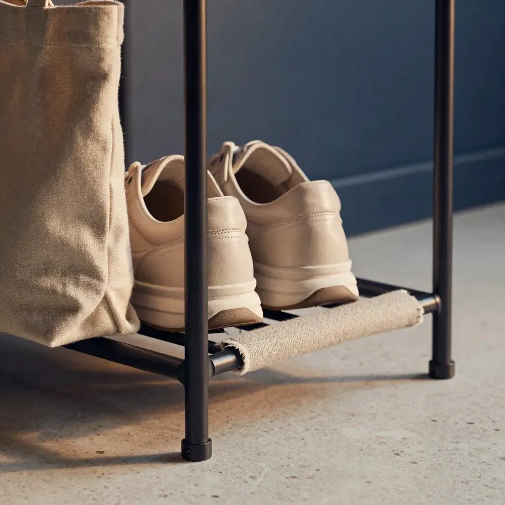 Matt schwarzes Metall-Schuhregal mit zwei Schuhpaaren, Tasche und Teppichstück im Morgenlicht