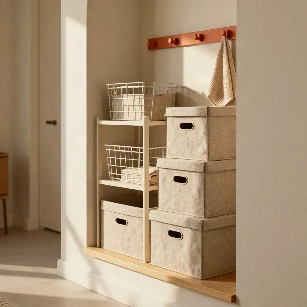 Wohn-Set mit Boxen, Haken und Körben in heller Nische mit warmem Licht