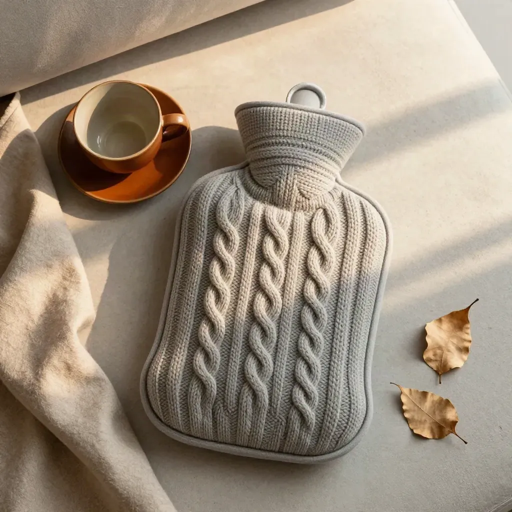 Wärmflasche mit Strickbezug, Decke, Teetasse und Trockenblättern auf hellem Stein.