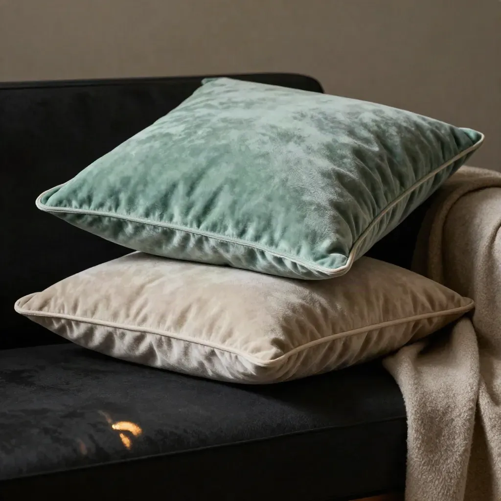 Zwei Samtkissen in Mint und Sand auf einem Sofaarm, mit Decke, dunkel und dramatisch inszeniert