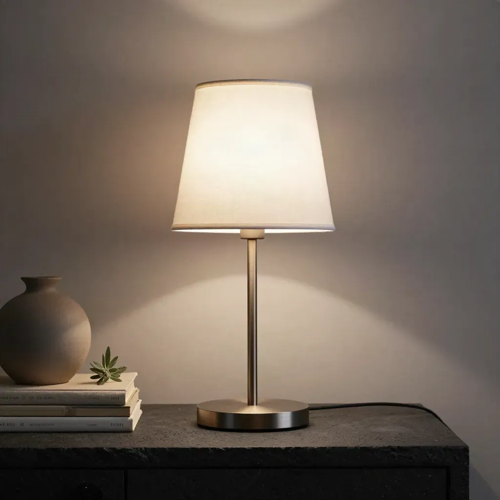 Schmale LED-Tischlampe leuchtet auf Steinsockel neben Büchern, Keramik und Pflanze.