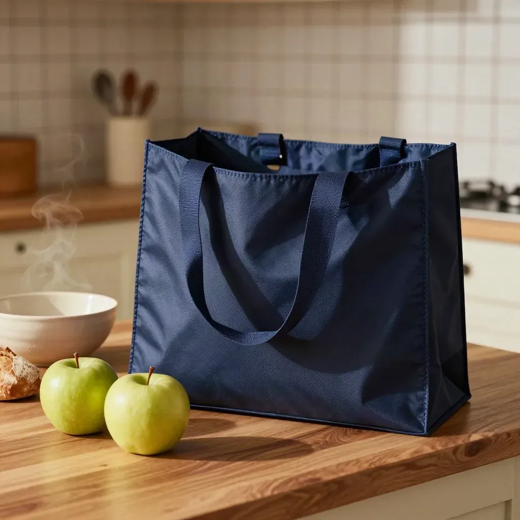Navy-farbene faltbare Einkaufstasche halb aufgeklappt neben Äpfeln, Brot und Keramikschale.