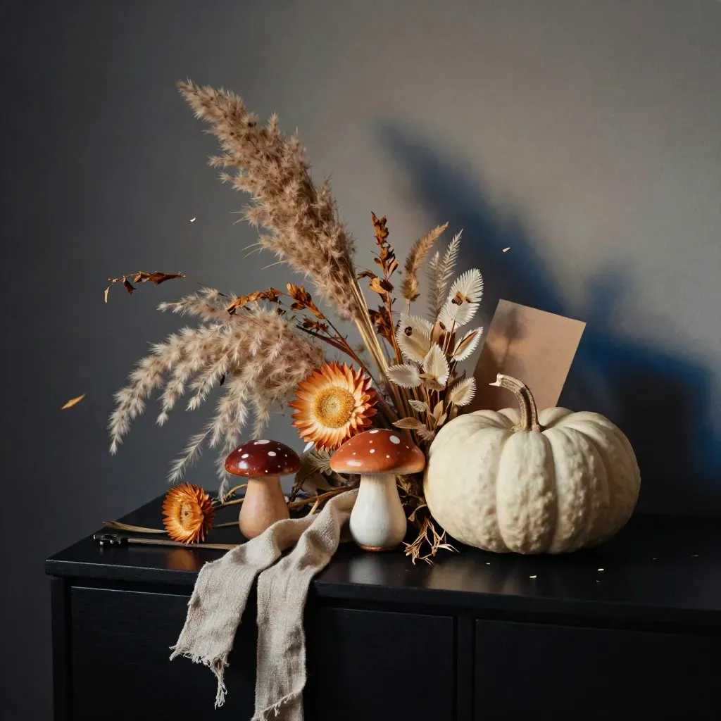 Herbstdeko-Mix mit Kürbis, Trockenblumen und Keramikpilz auf dunklem Sideboard.