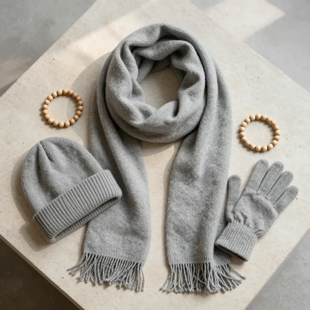 Hellgrauer Feinstrickschal mit Mütze, Handschuhen und Holzperlen auf hellem Stein.