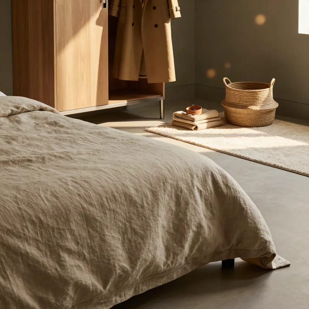 Warmer Schlafzimmerdetail mit Leinenbett, offener Garderobe und Kleidung in Naturtönen.